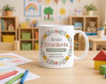 Abschied Erzieherin Tasse mit Namen | Tasse Erzieherin personalisiert | Kita Abschied Geschenk | Danke Erzieherin | Blumenkranz