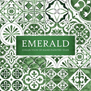 Aquarelle carreau vert clipart - ensemble de motifs de carreaux marocains - modèle sans couture - clipart numérique carreaux de la Méditerranée - JPG