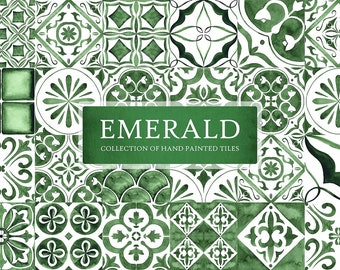 Watercolor green tile clip art - Moroccan tile pattern set - Seamless pattern - Mediterranean tile digital clipart - JPG