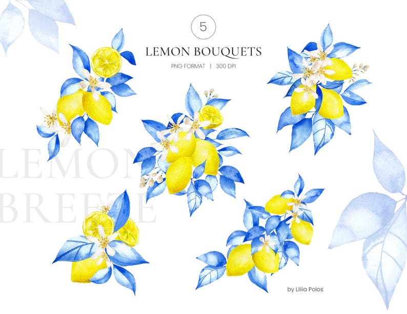 Lemon Watercolor Clipart - Lemon and Blue Leaves Clip Art Collection ...