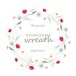 Watercolor Wildflowers Wreath Clip Art - Meadow Flowers Frame - Field Florals PNG for Wedding Invites