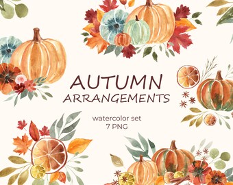 Watercolor Pumpkin Clipart: Fall Autumn Bouquets (PNG)
