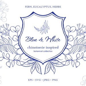 Botanische lijntekeningen set - collectie chinoiserie fine art botanische clipart - varen, eucalyptus en kruiden boeket blauwe inkt clipart - SVG, PNG
