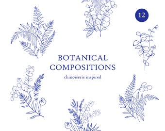 May include: A set of 12 blue line drawings of botanical compositions inspired by chinoiserie. The drawings feature various floral and leafy elements, including ferns, eucalyptus, and other plants.