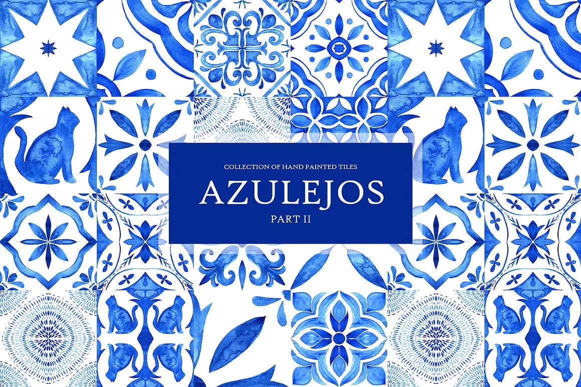Azulejo tile watercolor clipart set - Portuguese blue tile clip art - Portugal Porto tile - Mediterranean clipart for wedding cards  - PNG