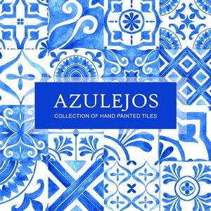 Set di clipart di piastrelle azulejo acquerello - Clip art di piastrelle blu portoghesi - Piastrelle portoghesi Porto - Clipart mediterranee per biglietti di nozze - PNG