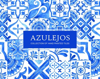 Azulejo tile watercolor clipart set - Portuguese blue tile clip art - Portugal Porto tile - Mediterranean clipart for wedding cards  - PNG