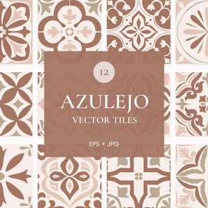 May include: A collection of 12 vector tiles in a variety of patterns and colors, including brown, beige, and cream. The tiles feature floral and geometric designs. The text "AZULEJO VECTOR TILES" is displayed on a brown background.