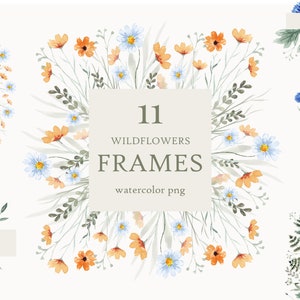 Wildflowers watercolor frames clipart set - Field flowers summer frames - Meadow florals clip art for wedding invites PNG