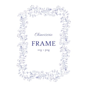 Botanical frame - Chinoiserie line art wreath - Fine art blue leaves clipart - Clip art for wedding invites - SVG, PNG