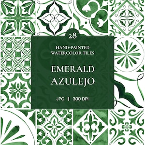 Aquarell Grün Fliesen Clipart: Smaragdgrün marokkanische Muster (JPG)