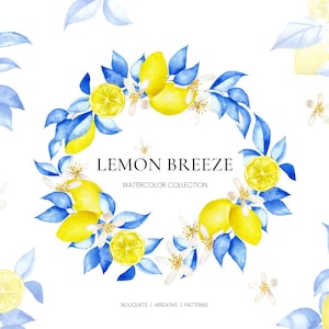 Lemon watercolor clipart - Lemon and Blue Leaves clip art collection - Mediterranean prints- png