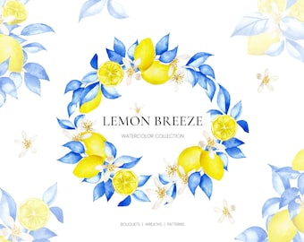 Lemon watercolor clipart - Lemon and Blue Leaves clip art collection - Mediterranean prints- png