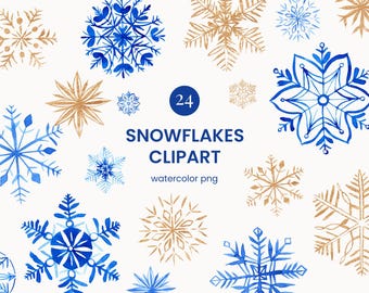 Illustraties sneeuwvlokken - winter aquarel clipart - blauwe en gouden sneeuwvlok - png
