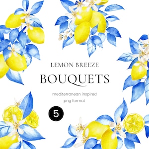 Lemon Bouquets Clipart Set | Watercolor Lemon and Blue Leaves | PNG Mediterranean Design for Crafts & DIY Projects