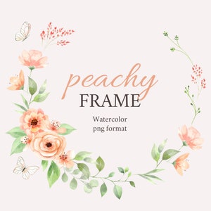 Aquarell Pfirsich Blumen Kranz Clip Art - Aquarell Blumenrahmen - Pfirsich Fuzz Blumen Clipart - PNG für Hochzeit lädt ein