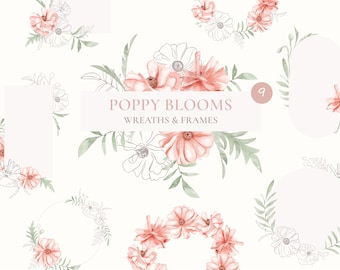 Watercolor Poppy Wreath Clipart Set: Floral Frames PNG (Digital Download)