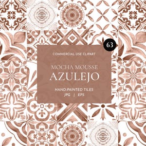 May include: A pattern of mocha-coloured, hand-painted Azulejo tiles featuring floral and geometric designs. The tiles are arranged in a grid, with a central text overlay reading "Mocha Mousse Azulejo". The image is labelled "Commercial Use Clipart".