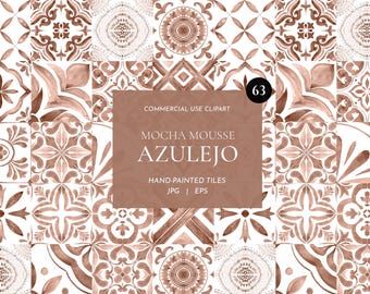 Mocha Azulejo Tile Clipart: Watercolor Portuguese Tile Art (Digital Download)