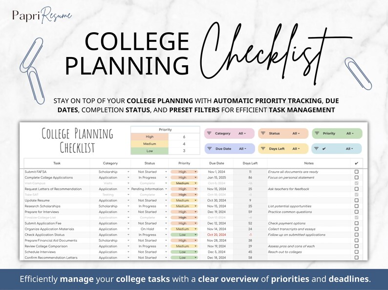 College Application Tracker Google Sheets College Scholarship Tracker College Comparison Tool College Planning To Do List Checklist