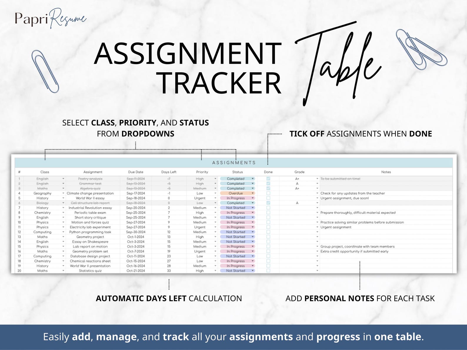 Assignment Tracker Template Google Sheets Template Homework Log Student ...