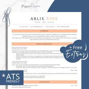 May include: A peach-colored resume template with a blue and white paperclip in the top left corner. The resume is titled "Papri Resume" and features the name "Arlie Rose" in a large, bold font. The resume includes sections for "Summary", "Work Experience", "Education", and "ATS Friendly".