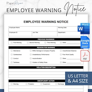 Employee Warning Notice Template, PDF/Google Docs/Microsoft Word, Employee Write Up Form, Employee Discipline Form, Employee Performance, HR