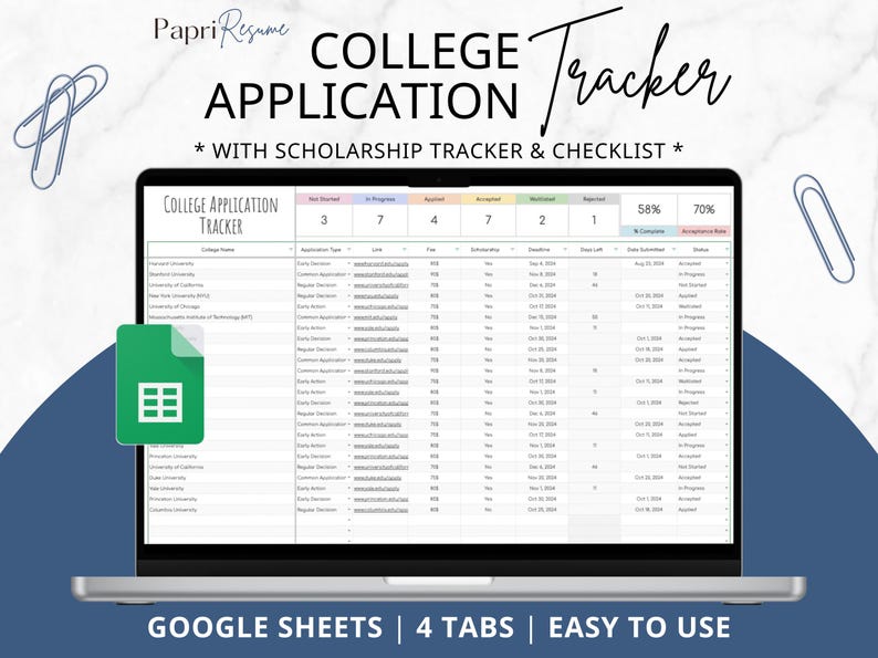 College Application Tracker Google Sheets College Scholarship Tracker College Comparison Tool College Planning To Do List Checklist