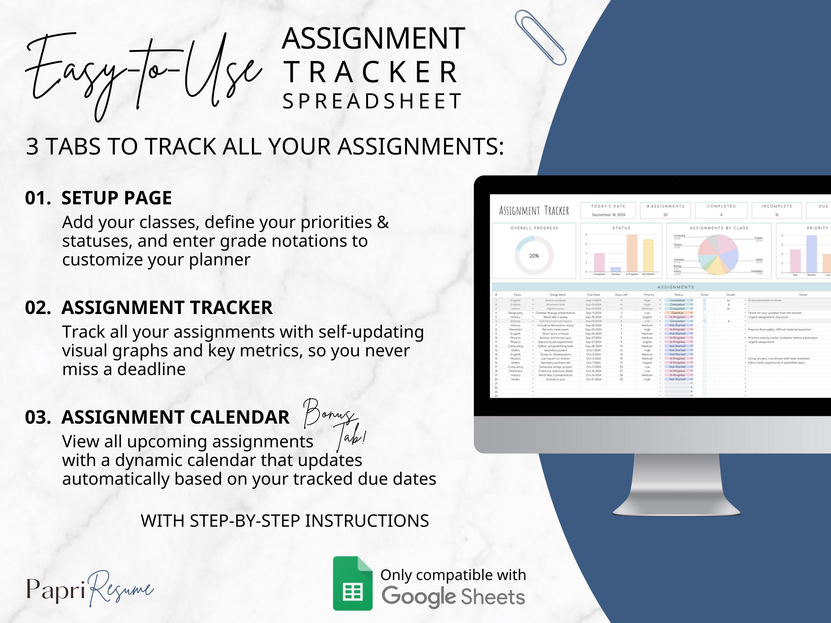 Assignment Tracker Template Google Sheets Template Homework Log Student ...