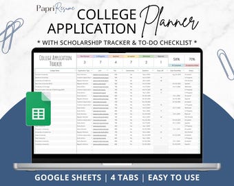May include: A laptop displays a college application planner spreadsheet. The screen shows a tracker with columns for application type, deadlines, and status. The text includes "College Application Planner" and "Scholarship Tracker & To-Do Checklist."