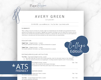 College Resume Template: Student With No Experience Resume Template, Grad School, College, and High School Students, 1 Page Resume ATS