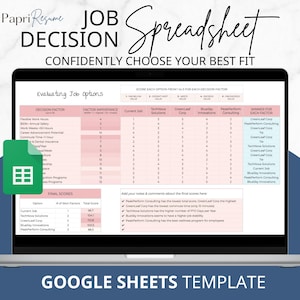 Może przedstawiać: Szablon arkusza kalkulacyjnego Google Sheets zatytułowany "Job Decision Spreadsheet" z hasłem "Confidently Choose Your Best Fit". Arkusz kalkulacyjny został zaprojektowany, aby pomóc użytkownikom w ocenie różnych ofert pracy poprzez ocenę każdej opcji na podstawie różnych czynników, takich jak wynagrodzenie, świadczenia i równowaga między życiem zawodowym a prywatnym. Arkusz kalkulacyjny zawiera sekcję na ostateczne wyniki i notatki.