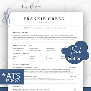 May include: A blue and white resume template with the text "Tech Edition" in a blue cloud shape. The resume is designed for a technical professional and includes sections for profile summary, professional skills, technical skills, work experience, and projects.