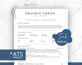 May include: A blue and white resume template with the text "Tech Edition" in a blue cloud shape. The resume is designed for a technical professional and includes sections for profile summary, professional skills, technical skills, work experience, and projects.