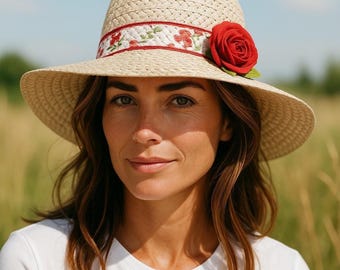 Victorian Style Hat with Red Rose Accent, 13.5 in Diameter