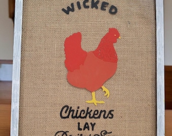 Wicked Chicken Kitchen Wall Decor, Painted Metal Frame Art