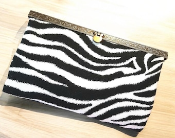 Zebra Clutch Wallet in Cotton Print with Gun Metal Closure