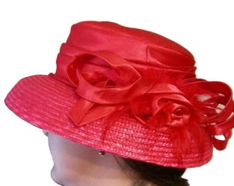 Flowered Hat Red with Satin Flowers and Feathers, Wide Brim Design