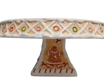 Vintage Cake Stand, Ceramic Gingerbread Decor, 9-Inch Holiday Display