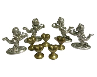 Romantic Figurine Set, Vintage Metzke Pewter Angels With Gold-Toned Hearts