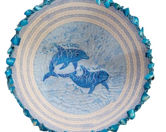Embroidered Dolphin  Rope Bowl Turquoise Shells
