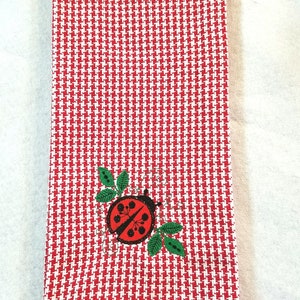 Embroidered Kitchen Towel Ladybug Red Hounds Tooth Kitchen Décor image 1