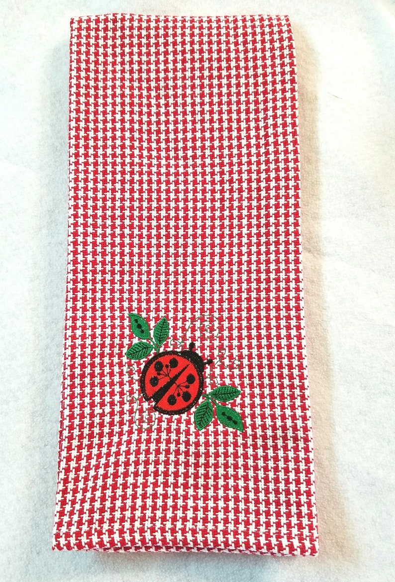 Embroidered Kitchen Towel Ladybug Red Hounds Tooth Kitchen Décor image 1