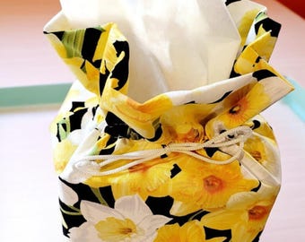 Daffodil Tissue Box Cover, Floral Fabric Holder with Cord Trim