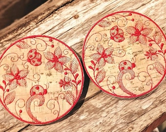 Ladybug Coaster Set, Embroidered Cork for Drinks, Eco-Friendly Material, for Home Decor