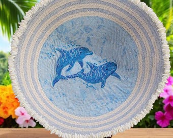 Embroidered Dolphin  Rope Bowl White Shell