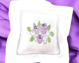 Lavender Sachet with Embroidered Rose Design, 6x6 Linen Square
