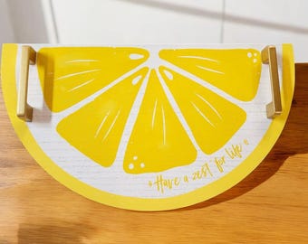 Lemon Serving Tray with Gold Handles, Hand-Painted Wood Design