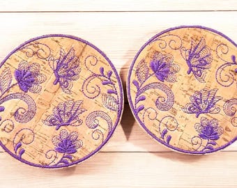 Cork Coaster Set of 2 with Butterfly Design Embroidery