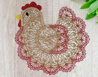 Chicken Embroidered Doily Red 7 x 6